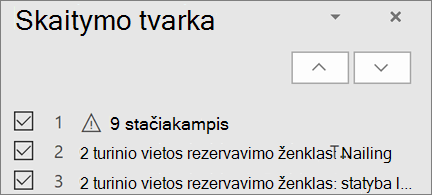 Elementų sąrašas skaitymo tvarka skaidrėje su rodyklių aukštyn ir žemyn mygtukais, kad juos pertvarkytumėte