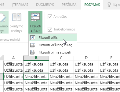 Rodymo skirtukas, užfiksuotųjų sričių meniu, komanda Fiksuoti sritį