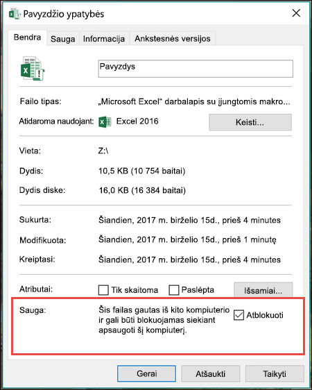 Dešiniuoju pelės mygtuku spustelėkite failą "Windows Explorer", kad atblokuotumėte makrokomandas.