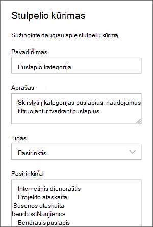 Kategorijos pasirinkimo stulpelio nustatymo tinklaraščių pavyzdys