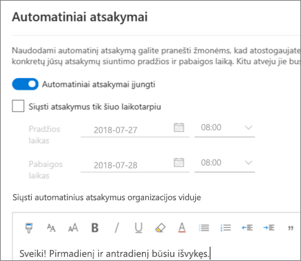 Atsakymo „išvykęs“ kūrimas internetinėje „Outlook“