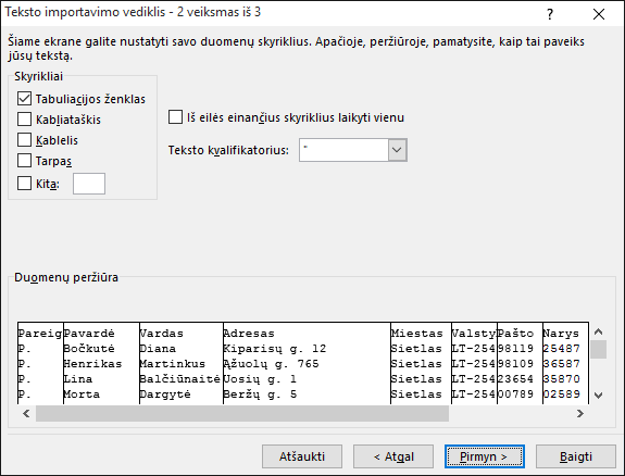 Teksto importavimo vediklyje paryškintos skyriklių parinktys.