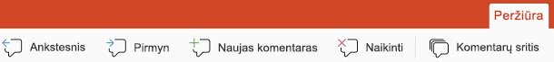 Komentarų mygtukai programoje „PowerPoint“, skirtoje „iPad“