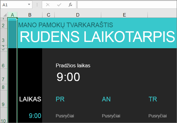 Senas „Excel“ kolegijos kurso tvarkytuvo šablonas be elementų aprašų.