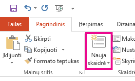 Parinktis Nauja skaidrė yra skirtuke Pagrindinis.