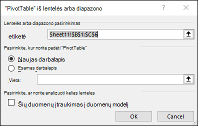 PivotTable iš diapazono arba lentelės