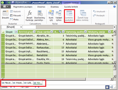 „PowerPivot“ langas su skirtukais