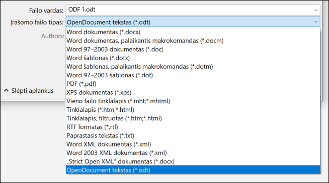 Failų formatų sąrašas iš Word su paryškintu ODT failo formatu
