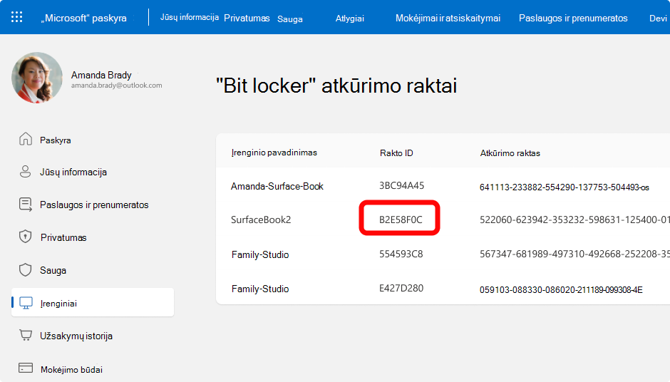 "BitLocker" atkūrimo raktų , skirtų "Microsoft" paskyrai, ekrano nuotrauka.