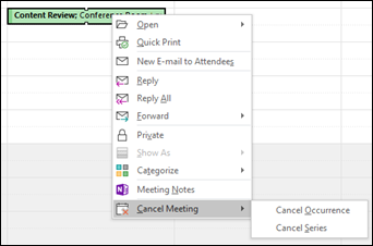 Spustelėkite dešiniuoju pelės mygtuku, kad atšauktumėte susitikimą.
