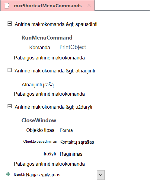 "Access" makrokomandos dizaino lango su trimis antrinės makrokomandos sakiniai ekrano nuotrauka.