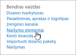 Naršymo elementai svetainės parametrų meniu