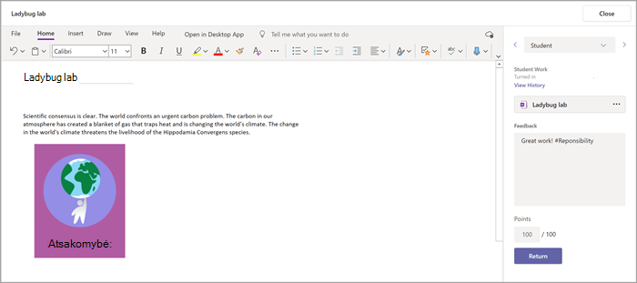 Įtraukite atsiliepimų į mokinių užduotį naudodami mokomojo bloknoto papildinį, rastą "Microsoft Teams" užduotyse.