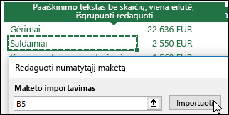 Esamų „PivotTable“ parametrų importavimas pasirinkus bet kurią „PivotTable“ ir spustelėjus Importuoti