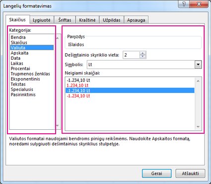 Dialogo langas Langelių formatavimas