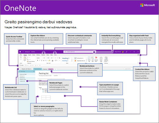 „OneNote 2016“ greito pasirengimo darbui vadovas („Windows“)