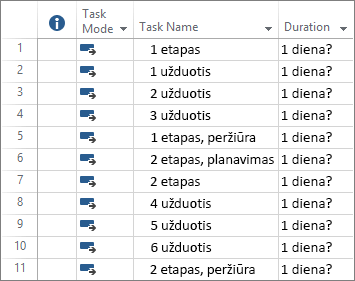 Ekrano nuotrauka, vaizduojanti automatiškai suplanuotas užduotis, kurios buvo įvestos į naujo projekto planą.