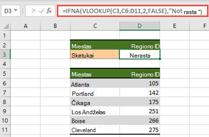 IFNA naudojimo su VLOOKUP vaizdas, kad nebūtų rodomos #N/ A klaidos.