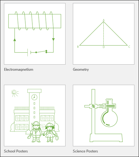 Keturios „Visio“ švietimo įstaigoms skirto šablono miniatiūros, teikiamos „Microsoft“