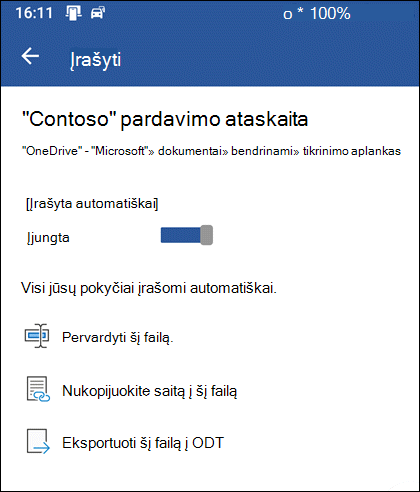 Meniu įrašyti programoje "Word", skirta "Android"