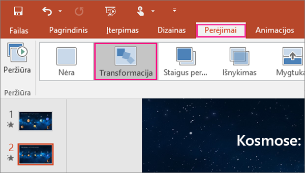 Rodo „Morph“ perėjimą „PowerPoint 2016“ perėjimų meniu