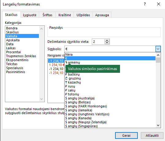 Valiutos simbolio pasirinkimas dialogo lange Langelių formatavimas