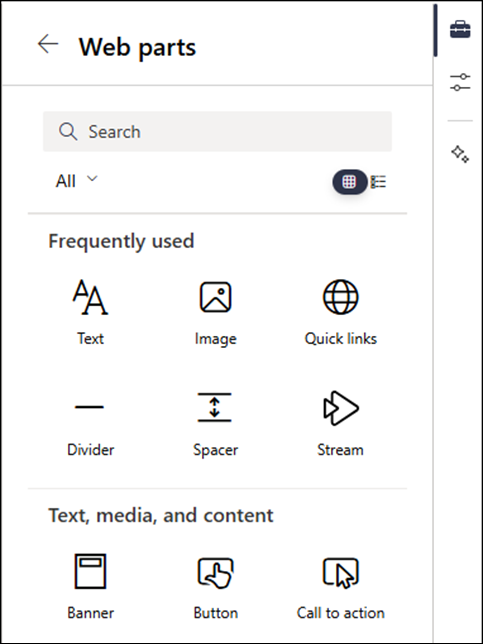 Webparts listed in the level of the toolbox