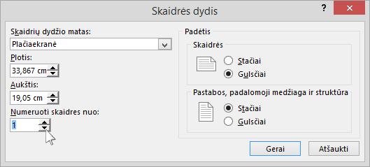 rodomas skaidrių dydžio dialogo langas programoje „PowerPoint“