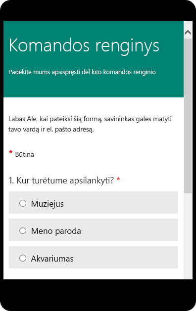 Klasės apklausos formos peržiūros mobiliojo įrenginio režimas