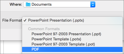 Rodo PDF parinktį „PowerPoint 2016“, skirto „Mac“, dialogo lango Įrašyti kaip sąraše Failų formatai.