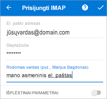 Įveskite slaptažodį ir serverio parametrus, kurių gali reikėti.