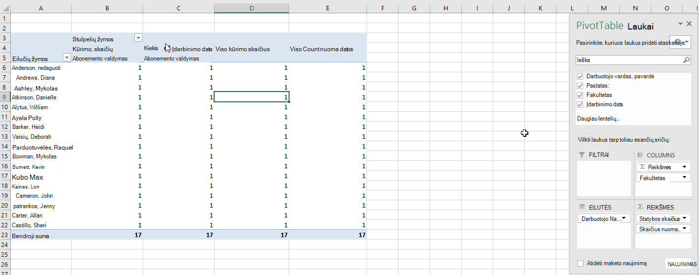 "PivotTable" laukų pasirinkimas