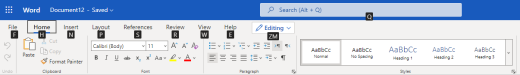 The ribbon with the access keys in Word for Web