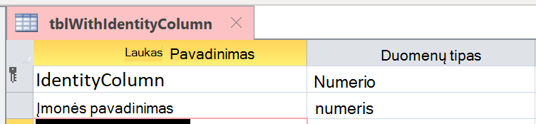 Tapatybės stulpelis netinkamai identifikuojamas kaip automatinis numeravimas