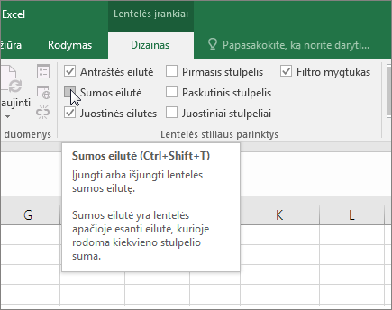 Parinktis Sumos eilutė skirtuke Dizainas