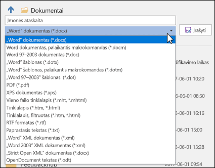 Spustelėkite failo tipo išplečiamąjį meniu ir pažymėkite kitą dokumento failo formatą