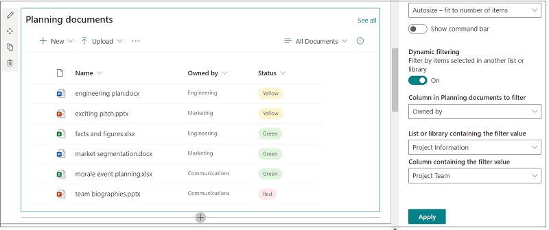 Document library with pane open for dynamic filtering options