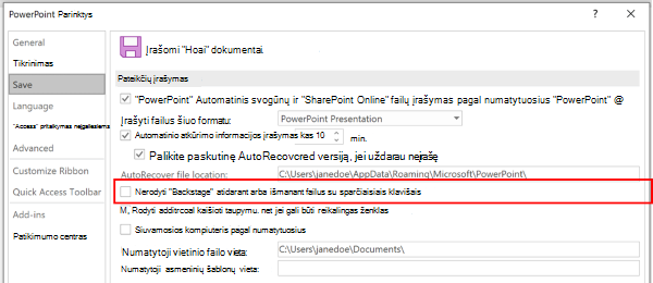 "PowerPoint" parinkčių dialogo lango ekrano nuotrauka, kurioje paryškintas parametras nenaudoti "Backstage" įrašant naudojant sparčiuosius klavišus