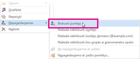 Laiškų sąrašo komanda Blokuoti siuntėją