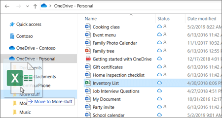 Failo perkėlimo į kitą aplanką, esantį „OneDrive“, nuotrauka.