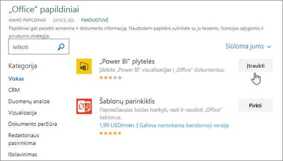 "Office" papildinių puslapio, kuriame galite pasirinkti "Excel" papildinį arba jo ieškoti, ekrano nuotrauka.