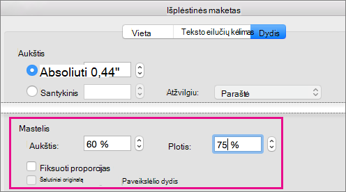 On the Size tab in the Advanced Layout box, the Scale options are highlighted.