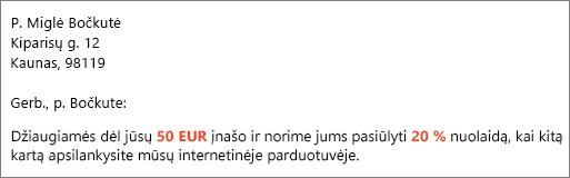 Laiškų suliejimo rezultatų dokumente rašoma: „jūsų $50,00 įnašas“ ir „siūlome 20 % nuolaidą“.