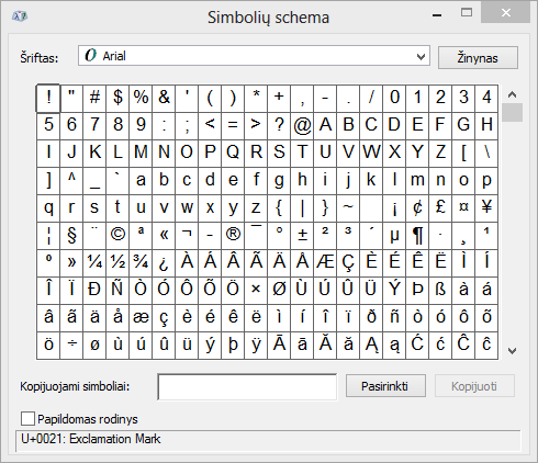 Programos „Windows“ simbolių schema