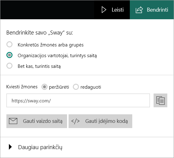 „Sway“ meniu organizacijos paskyroje