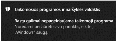 Programos & naršyklės valdymo pranešimas, pranešantis klientui, kad aptikta galimai nepageidaujama programa.