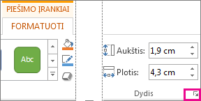 Dialogo lango vykdyklė skirtuko Piešimo įrankių formatas grupėje Dydis