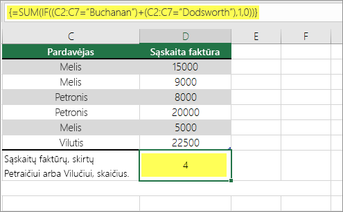 1 pavyzdys: SUM ir IF įdėtos į formulę