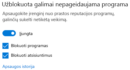 Galimai nepageidaujamas programų blokavimo valdymas programoje "Windows 10".