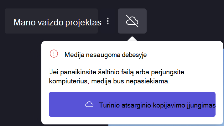 "Clipchamp" turinio atsarginės kopijos kūrimo išjungimo vaizdas